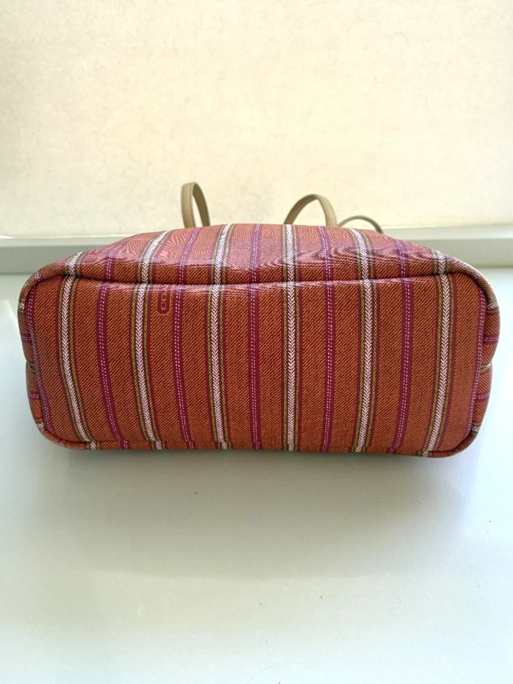 Coach Legacy Weekend Ticking PVC Tote Bag Handbag Pink Lime Orange Stripe 23108